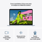 Apple - MacBook Air 13 po - M5 - 10 coeurs - 1 To SSD - Mémoire unifiée 16 Go - Bleu ciel-Caméra Center Stage 12 MPX - Pendant vos appels vidéo, restez automatiquement au milieu de l’image avec Cadrage centré ou utilisez Vue du bureau pour partager un plan en plongée de votre espace de travail. Et profitez d’un son incroyable grâce à un réseau de trois micros et un système à quatre haut-parleurs avec Audio spatial et Dolby Atmos