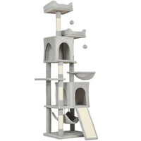 PawHut - Arbre à chat 70 po, tour à plusieurs niveaux avec 2 condos - gris clair-Cette tour de 69,7 po (177 cm) comprend des condos, des perchoirs et un hamac pour un divertissement sans fin 