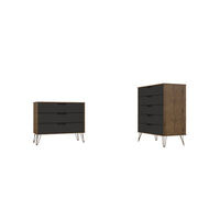 Manhattan Comfort - Ensemble de commodes de chambre à coucher mid-century modern rockefeller - nature et gris texturé - ensemble de 2-Commode haute à 5 tiroirs de style milieu du siècle moderne et commode standard à 3 tiroirs pour chambre