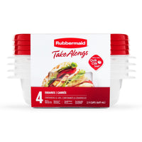 Rubbermaid - Contenants carrés pour la conservation des aliments TakeAlongs à emporter, couvercles rouge rubis, 669 ml (2,9 tasses), paquet de 4-Il s’agit du format idéal pour la préparation des repas, des sandwichs, un lunch ou des collations, ainsi que pour le rangement des aliments du garde-manger et du matériel de bricolage