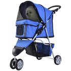 PawHut - Poussette pour animaux de luxe à 3 roues avec frein, auvent, porte-gobelets, bleu-Conception légère et pliable qui simplifie le rangement et le transport 