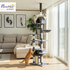 PawHut - Arbre à chat du sol au plafond 91-98 po H, avec 2 niches - gris foncé-Une base élargie et un kit anti-basculement offrent une double sécurité pour les chats actifs 