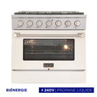 Kucht - 36 po Série KDF Cuisinière Pro Style au gaz propane - Acier inoxydable/Blanc-La cuisinière à gaz à 6 brûleurs comprend un brûleur double de 20 000 BTU avec mode mijotage, un brûleur de 15 000 BTU, un brûleur de 12 000 BTU, deux brûleurs de 9 000 BTU et un brûleur de 6 000 BTU