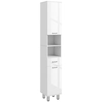 Kleankin - Armoire de rangement de salle de bain avec porte-papier toilette - blanc brillant-Deux étagères ouvertes, un tiroir et deux armoires à deux niveaux organisent soigneusement vos serviettes, votre linge et autres essentiels de salle de bain 