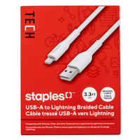 Staples - TECH Câble tressé de chargement Lightning vers USB-A - 3,3 pi - blanc-Câble USB-A vers Lightning de 3,3 pi (1 m) qui peut transférer des données à des vitesses allant jusqu’à 480 Mb/s
