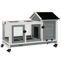 PawHut - Clapier à lapin avec roues, rampe, enclos et plateau - gris - 42,5 po L x 22,8 po l x 29 po H-Cadre en bois de sapin massif 
