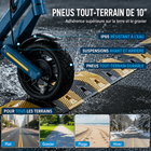 Gyrocopters - Trottinette électrique Sceptre pour adultes et adolescents - Vitesse 38 km/h - Autonomie 40 km - Application - Noir-Ses pneus tout-terrain de 10 pouces et sa double suspension avant/arrière lui permettent de dompter la terre et le gravier avec une aisance remarquable. Son indice de protection IP65 garantit une résistance à l'eau optimale, même sous la pluie, dans les flaques d'eau ou sous la neige fondue, pour une conduite sereine