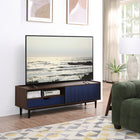 Manhattan Comfort - Ensemble de 4 : meuble TV, buffet, table basse et table d’appoint Duane style Mid-Century Modern, brun foncé et bleu marine-Buffet et meuble TV avec passe-câbles pour la gestion des câbles et des fils, recommandé pour un écran TV de 55 pouces