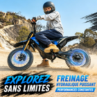 Gyrocopters - Moto électrique tout-terrain DX1 pour adultes - Vitesse 65 km/h, autonomie PAS 83 km - Bleu-Le DX1 est équipé d'une grande roue avant de 14 x 2,4 pouces permettant de franchir aisément les obstacles, associée à une roue arrière large de 12 x 2,8 pouces pour une adhérence et un transfert de puissance optimaux