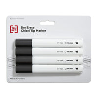TRU RED - Marqueurs à Effacement Sec - Pointe Biseautée - Noir - Paquet de 4-Pour écrire et effacer sur tableaux blancs, verre et autres surfaces effaçables à sec