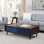 Manhattan Comfort - Ensemble de 2 tables Duane style milieu du siècle : table d’appoint et table basse - brun foncé et bleu marine-Design nervuré avec finition stratifiée effet bois
