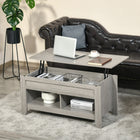 HOMCOM - Table basse relevable avec rangement caché et étagères ouvertes - gris clair-Les étagères ouvertes en bas offrent un espace de rangement et d’exposition supplémentaire