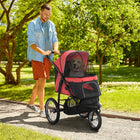 PawHut - Poussette pour animaux 3 grandes roues, poussette pour chien, transport pliable, rouge-Auvent réglable pour garder les animaux à l'abri 