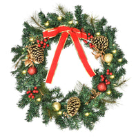 HOMCOM - Couronne d'épicéa artificiel pré-éclairée 61cm - pommes de pin - baies rouges- Cette couronne de 24" ajoute un look naturel à votre décor de vacances sans les tracas d'une vraie couronne  
