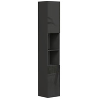 Kleankin - Armoire de salle de bain haute brillance avec porte et étagères - noir-Les étagères ouvertes et l’armoire fermée permettent de ranger soigneusement les serviettes, le linge et autres essentiels de salle de bain 
