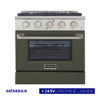 Kucht - 30 po Série KDF Cuisinière Pro Style au gaz propane - Acier inoxydable/Vert olive-Éléments de cuisson doubles offrant une performance puissante : 3 000 watts (base) et 850 watts (haut), avec un gril de 3 500 watts pour une chaleur intense