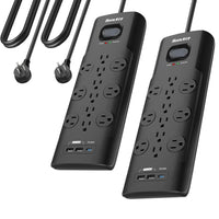 Huntkey - Parasurtenseur multiprise avec 12 prises et 3 ports USB (2 USB-A et 1 USB-C à charge rapide 20 W), cordon de 6 pi avec fiche plate - noir, paquet de 2-Évalué à 3480 Joules, ce parasurtenseur offre une défense de force industrielle contre la foudre et les surtensions, protégeant les ordinateurs haut de gamme, les téléviseurs et les consoles de jeux.
