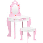 Qaba - Coiffeuse pour enfants avec chaise et tiroir, motifs cœur et nœud - rose-Ensemble de 2 pièces comprenant une coiffeuse et un tabouret assorti  
