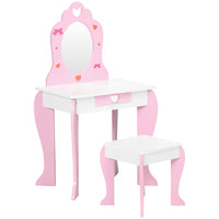 Qaba - Coiffeuse pour enfants avec chaise et tiroir, motifs cœur et nœud - rose-Ensemble de 2 pièces comprenant une coiffeuse et un tabouret assorti  
