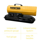 Master - Chauffrette de 80 000 BTU à air pulsé au kérosène / diesel avec thermostat Batterie non incluse - Jaune-Jauge de pression d'air unique, poignées faciles à soulever, jauge de carburant et système de sécurité en 5 points