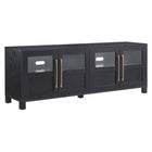 Hudson&Canal - Meuble TV Holbrook pour téléviseurs jusqu'à 75" - Grain noir-Comprend quatre portes avec des armoires fermées et 4 étagères pour un rangement suffisant, la moitié supérieure de chaque porte comporte un panneau de verre, tandis que la moitié inférieure est en MDF massif