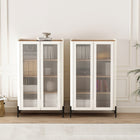 Manhattan Comfort - Ensemble de 2 armoires de décoration modernes Abbey 31,5 po - érable et blanc cassé-Comprend 2 portes en verre trempé nervuré à fermeture douce avec 4 espaces d'étagères réglables
