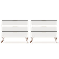 Manhattan Comfort - Rockefeller commode 3 tiroirs style milieu du siècle 35,24" - blanc - lot de 2-Commode Mid-Century Modern pour chambre à coucher lot de 2