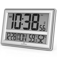 Marathon – Horloge murale atomique surdimensionnée avec support de table, argent-Affichage facile à lire avec grand angle de visionnement