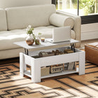 HOMCOM - Table basse relevable avec compartiment de rangement caché et étagère - blanc-Étagère ouverte en bas offrant un espace de rangement et d’exposition supplémentaire