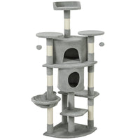 PawHut - Arbre à chat multi-niveaux 62 po H, avec deux niches pour chats - gris clair-Comprend des condos, un hamac et des perchoirs, répondant à tous les besoins de jeu et de repos 