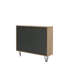 Nexera - Console de rangement 2 portes Slim, Muscade et gris charbon-Meubles conçus et produits au Canada à partir de panneaux de particules et de MDF certifiés CARB II/FSC.  Item expédié en 24-48 heures après réception de la commande.  Assemblage requis