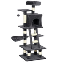 PawHut - Arbre à chat d’intérieur avec maisonnette, hamac, lit - gris foncé-Conception multi-activités avec perchoirs, hamac, lit et grande maison pour les divertir 