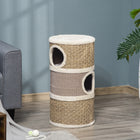 PawHut - Arbre à chat 3 trous, 15 po x 28 po - kaki et brun-Surfaces à griffer en sisal et en algues pour entretenir les griffes 
