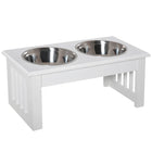 PawHut - Station d’alimentation et d’abreuvement double de luxe pour chien - blanc-Conception à double gamelle en acier inoxydable, durable, hygiénique, sans rouille, sans lixiviation et compatible avec le lave-vaisselle. 