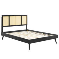 Modway - Kelsea Canne et bois Lit à plateforme complet avec pieds écartés, Noir-Cadre complet de plate-forme