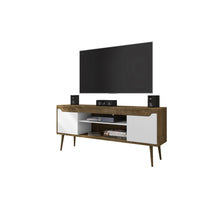 Manhattan Comfort - Meuble TV Bradley 62,99 po style Mid-Century Modern - Brun Rustique et Blanc-Meuble TV autoportant de style mid-century modern pour salon et chambre