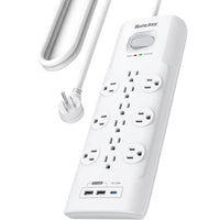 Huntkey - Parasurtenseur multiprise avec 12 prises et 3 ports USB (2 USB-A et 1 USB-C à charge rapide 20 W), cordon de 6 pi avec fiche plate - blanc-Évalué à 3480 Joules, ce parasurtenseur offre une défense de force industrielle contre la foudre et les surtensions, protégeant les ordinateurs haut de gamme, les téléviseurs et les consoles de jeux.