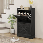 HOMCOM - Armoire à chaussures étroite style ferme avec 2 tiroirs basculants et étagères réglables - gris vieilli-Peut accueillir jusqu'à 8 paires de chaussures, trous à l'arrière pour garder les chaussures bien aérées 