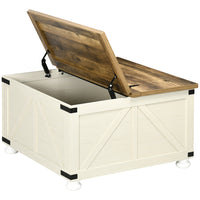 HOMCOM - Table basse avec rangement dissimulé à plateau relevable - blanc-Style ferme avec panneaux de grange adapté au salon, bureau ou appartement
