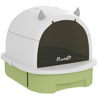 PawHut - boîte à litière pour chat, modèle fermé avec couvercle, pelle - vert-Conception fermée avec porte battante translucide assurant l’intimité et le contrôle des odeurs 