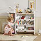 Qaba - Bibliothèque et organisateur de rangement pour jouets pour enfants, avec 8 bacs de rangement amovibles, étagères, armoire - blanc-Espace supérieur, grilles et placard pour un rangement spacieux 