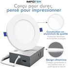 Impotek - Luminaire encastré au plafond DEL 4 po 9W 5CCT gradable avec veilleuse – Paquet de 12-Luminosité exceptionnelle et gradation réglable - Illuminez votre espace avec le summum de la technologie LED. Notre lumière de plafond encastrée offre des lumens supérieurs pour une luminosité inégalée tout en maintenant une efficacité énergétique de seulement 9 watts pour 800 lumens. Profitez d’une gradation fluide de 5 % à 100 %, garantissant une compatibilité avec une large gamme de gradateurs sur le marché. 