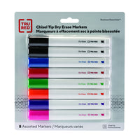 TRU RED - Marqueurs à Effacement Sec - Pointe Biseautée - Couleurs Variées - Paquet de 8-Écrivez et effacez sur tableaux blancs, en verre ou autres surfaces à effacement à sec