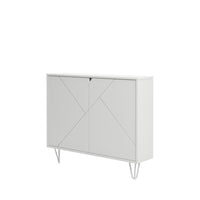 Nexera - Console de rangement 2 portes Slim, Blanc-D'une faible profondeur, ce meuble, sublimé par ses pieds épingles, offre un espace de rangement discret sur deux étagères intérieures derrière ses doubles portes en MDF avec finition laquée texturée à motifs géométriques