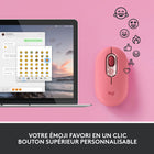 Logitech POP Mouse avec Sans Fil - Heartbreaker-Le bouton emoji: Pressez le bouton coloré au milieu de la souris et ouvrez le menu emojis pour vos conversations. Créez votre raccourci en utilisant Logitech Software (Windows et macOS seulement)