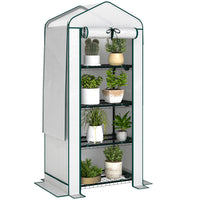 Outsunny - Serre adossée murale 7 pi x 3 pi x 5 pi avec barrière anti-mauvaises herbes, blanc-Conception de toit à double couche pour améliorer la ventilation et empêcher l’entrée des petits animaux  
