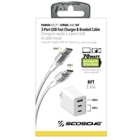 Scosche - Chargeur domestique PowerVolt PD70 70 W à double port USB-C et port USB-A unique avec câble USB-C de 2,4 m-Recharge en toute sécurité les iPhone, iPad, MacBook et autres appareils.