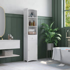 HOMCOM - Armoire de salle de bain haute avec étagères et tiroir - blanc-Grand espace de rangement avec trois étagères ouvertes sur plusieurs niveaux pour exposer des objets décoratifs, un tiroir et un placard inférieur pour les articles de toilette quotidiens 
