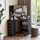 HOMCOM - Coiffeuse d'angle avec miroir - 43,7 po L x 22,1 po l x 55,6 po H - noir-Le grand plateau, les 5 tiroirs et les 3 étagères offrent un espace de rangement généreux 