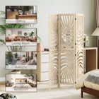 HOMCOM - Séparateur de pièce autoportant à 3 panneaux motif feuille de palmier pour bureau à domicile, chambre - finition bois naturel-Le design pliant avec huit charnières en métal facilite le rangement  
